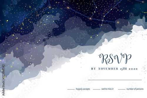 Magic night dark blue sky with sparkling stars vector wedding rsvp card.