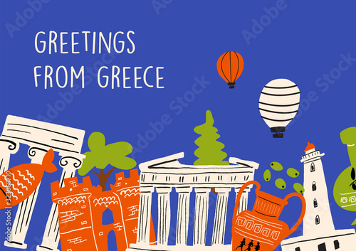 Vector illustration of different attractions, landmarks and symbols of Greece. Greeting from Greece. Horizontal greeting card.