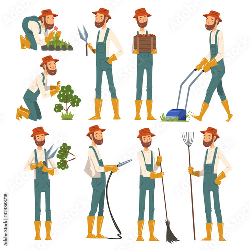 Man Gardener Working in the Garden or Farm, Cheerful Male Farmer Character in veralls Vector Illustration