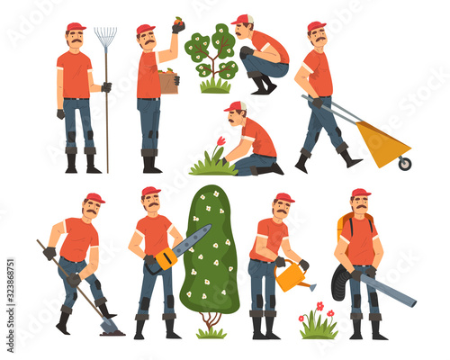 Man Gardener Working in the Garden or Farm, Cheerful Male Farmer Character in veralls with Tools Vector Illustration