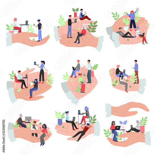 Tiny Office Employees Working in Giant Hands Collection, Office Staff Care, Support, Professional Growth, Personnel Benefits Vector Illustration