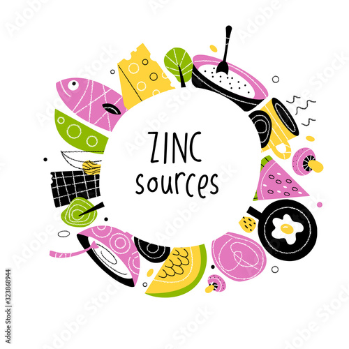 Zinc food sources. Vector cartoon illustration of zinc rich foods