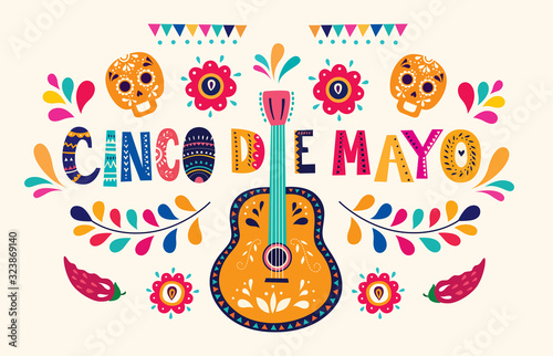 Beautiful vector illustration with design  for Mexican holiday 5 may Cinco De Mayo. Vector template with traditional Mexican symbols skull, Mexican guitar, flowers, red pepper photo