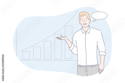 Presentation of business project concept. Young businessman shows presentation about company profit growth. Happy boy demonstrates project with graph and chart to investors. Simple flat vector