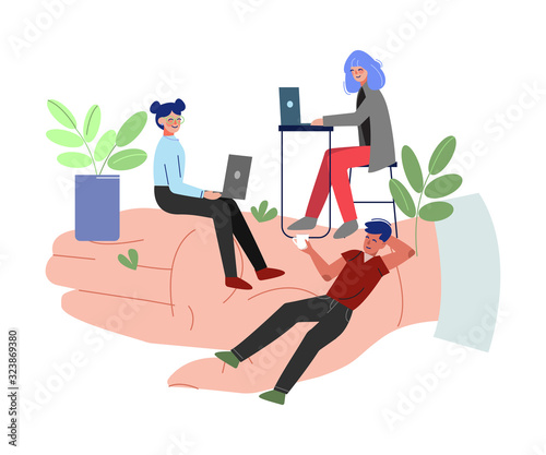 Giant Human Hand with Business People, Office Staff Care, Support, Professional Growth, Personnel Benefits Vector Illustration