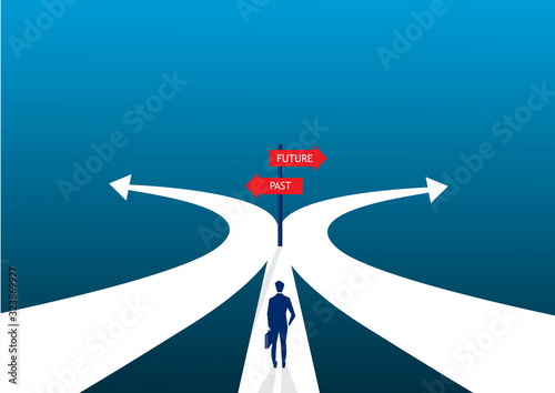 businessman decision two ways about past and future way.