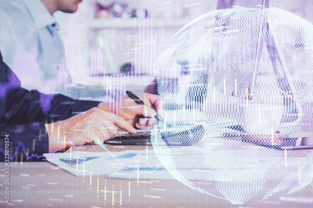 Forex graph with businessman working on computer in office on background. Concept of hardworking. Closeup. Multi exposure. Forex graph with businessman working on computer in office on background. Concept of hardworking. Closeup. Multi exposure.