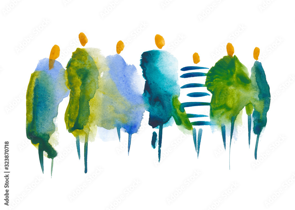 hand drawn illustration: people. A stain of watercolor paint in the shape of a group of people