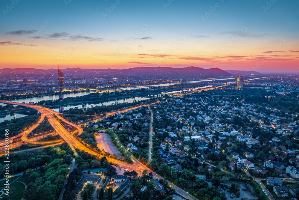 View over Vienna with danube river at night, Vienna, Austria