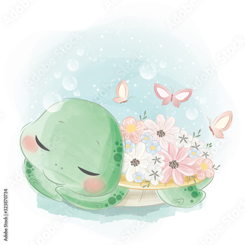 Cute Baby Turtle With Flowers Over His Body