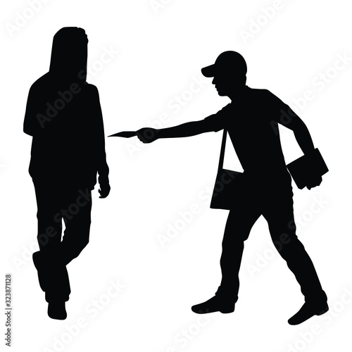 Young man send leaflet to people silhouette vector