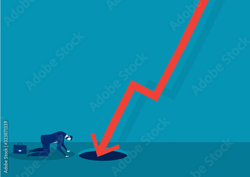 Sad businessman  fail with falling down red arrow graph financial crisis