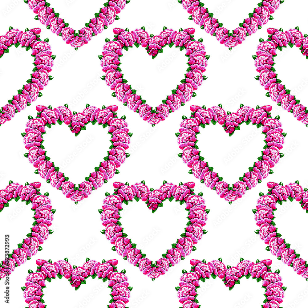 pink floral hearts seamless pattern white background