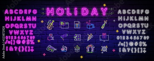 Set of neon signs "Holiday". Vector illustration of discount sales concept in neon style, online stores and marketing concept. Glowing sign, bright banner, neon alphabet.