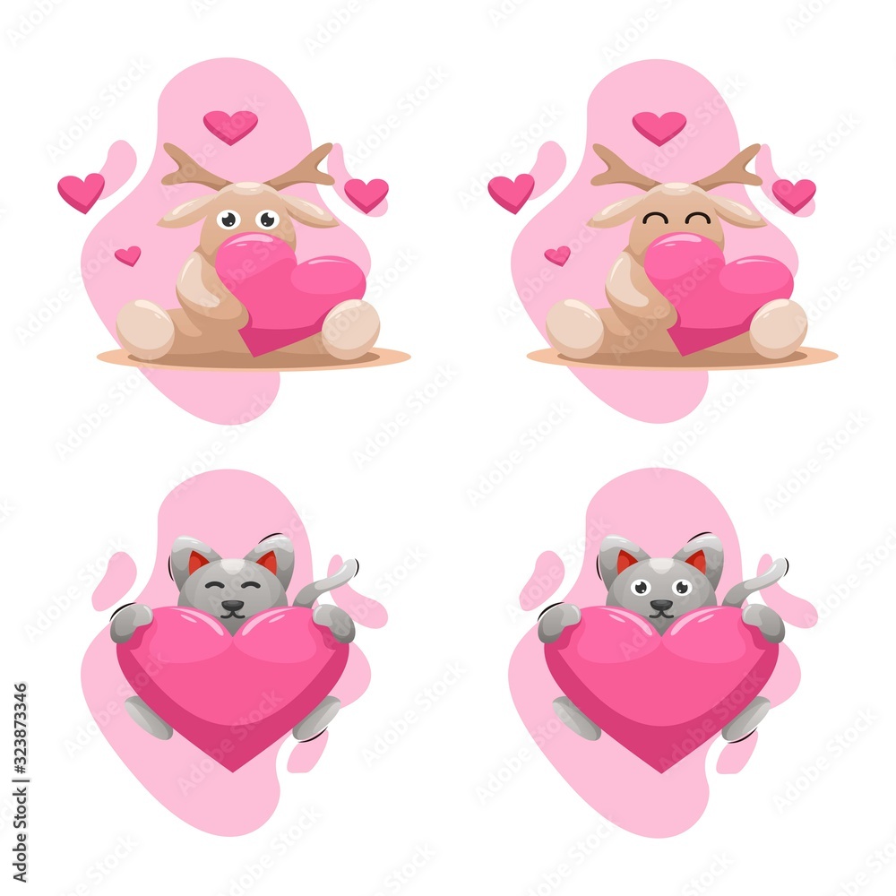 cute deer and cat with love cartoon vector