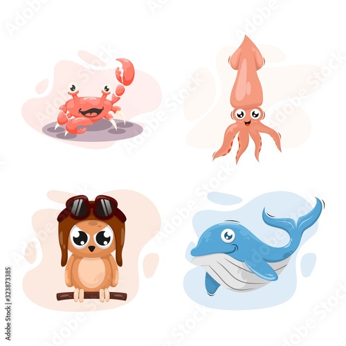 cute crab, squid, whale, and owl cartoon vector
