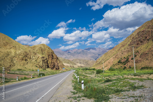 Highways, roads en route from Naryn - Bishkek, Kyrgyzstan. The Tien Shan range. 