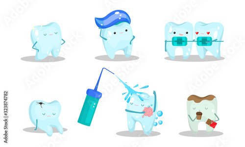 Happy healthy and damaged teeth in different situations vector illustration