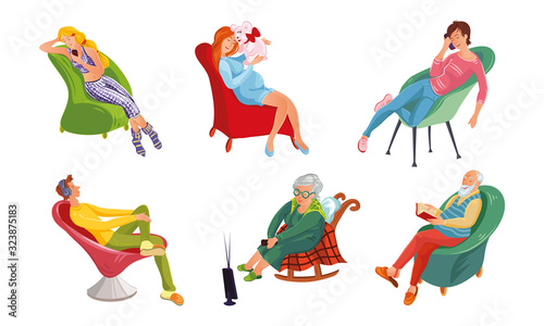 People relaxing and enjoying rest sitting in armchairs vector illustration