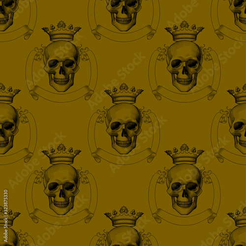 Engraving human death skull in crown. Seamless pattern.
