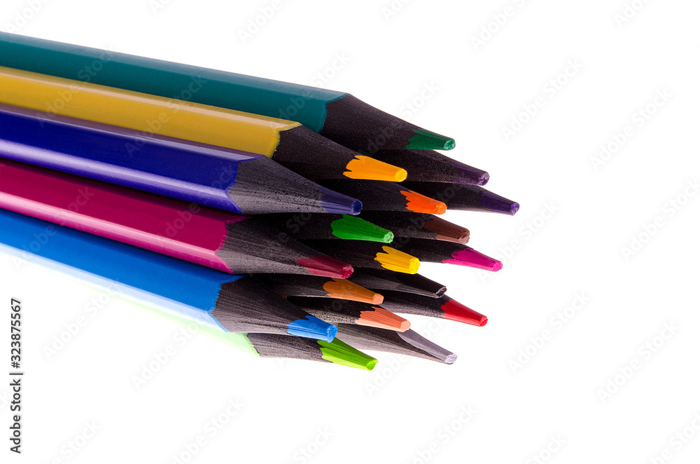 Color pencils on a white background close-up Color pencils on a white background close-up