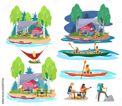 Summer camping scenes in flat cartoon style. Family kayaking, couple near camp fire cooking soup and playing guitar, man hiking, woman resting in hammock. Night camp.