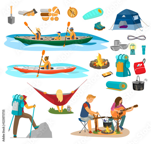 Big vector set on camping theme. Family kayaking, man hiking, couple near camp fire cooking soup and playing guitar, woman in hammock. Camping equipment.