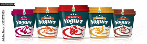 Yogurt vector packaging design. Fruit and nuts yogurt set.