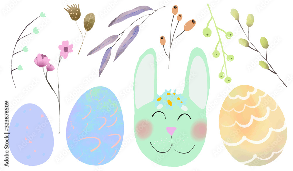 Set of Easter design elements. Eggs, floral, rabbit, flowers, branches. Set of Easter design elements. Eggs, floral, rabbit, flowers, branches.
