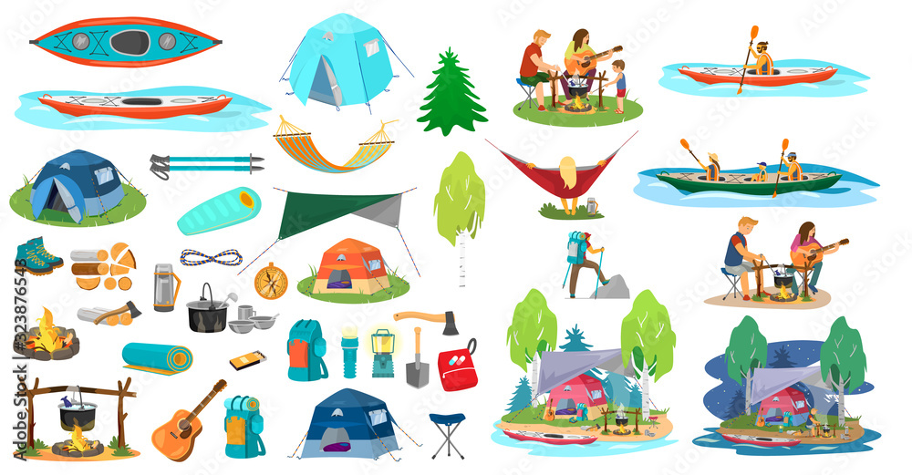 Big vector set of hiking equipment and people in a hike in flat catroon style. Camping elements. Family near camp fire, man kayaking, family kayaking, man climbing, woman in hammock. Big vector set of hiking equipment and people in a hike in flat catroon style. Camping elements. Family near camp fire, man kayaking, family kayaking, man climbing, woman in hammock.