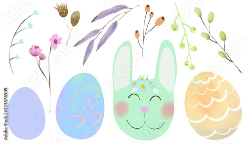 Set of Easter design elements. Eggs, floral, rabbit, flowers, branches.
