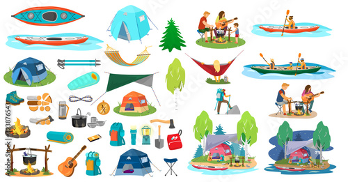 Big vector set of hiking equipment and people in a hike in flat catroon style. Camping elements. Family near camp fire, man kayaking, family kayaking, man climbing, woman in hammock.