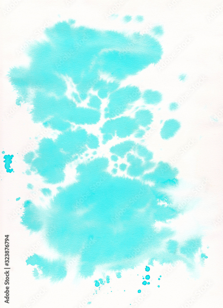 Bright simple blue texture with blurred background, watercolor, paper, handmade