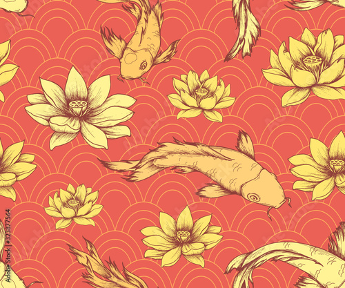Seamless pattern with koi carps and lotuses in asian style