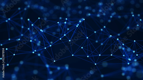 Abstract composition with connecting dots and lines. Blue background. Plexus effect.