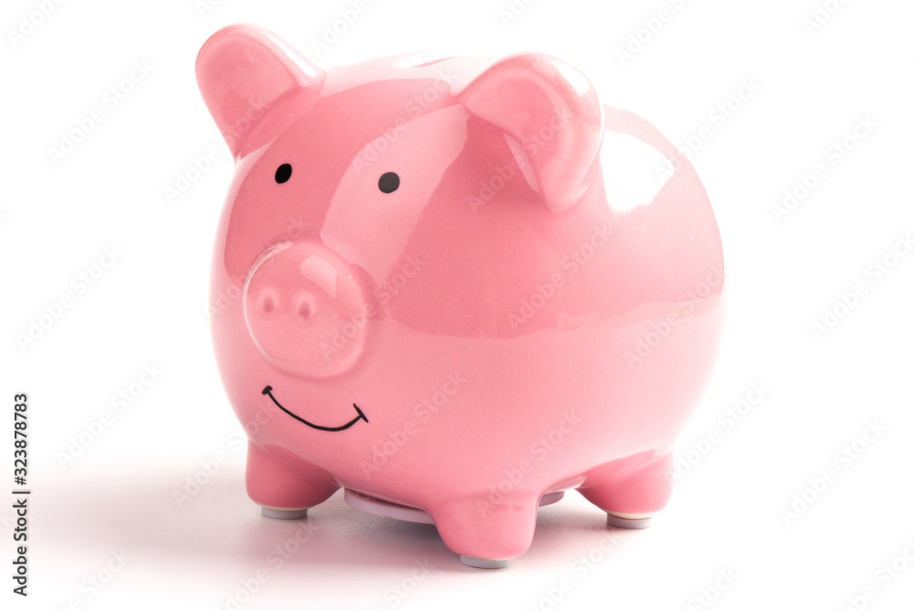 pink ceramic piggy Bank isolated on white background