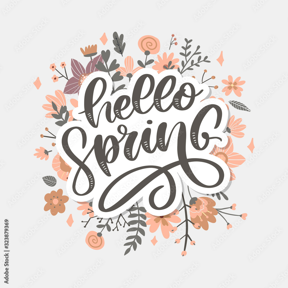 Hello Spring Flowers Text Background letterung slogan