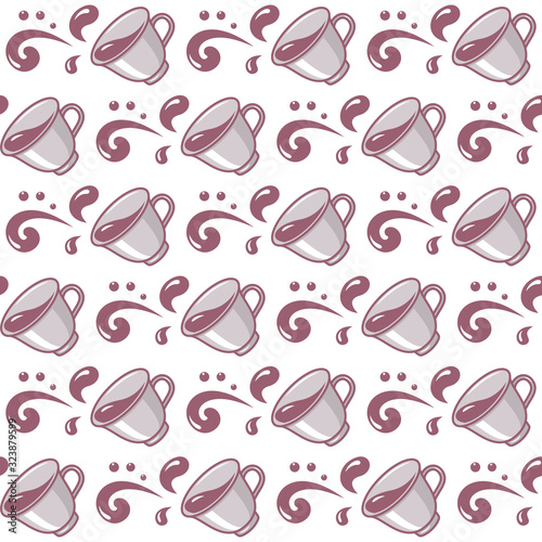 Seamless pattern of many spilled coffee cups. Vector illustration isolated on a white background.