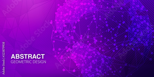 Abstract lines and dots background - futuristic polygonal wireframe design on violet purple background