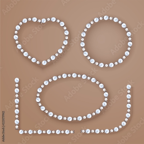 Pearl frames set on beige background. Vector elements for decoration, wedding invitation or greeting cards, banners.