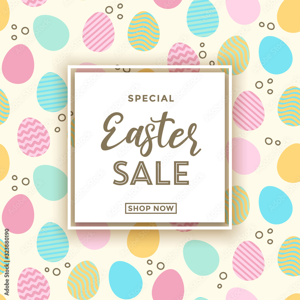 Easter sale banner background template with decorated eggs seamless pattern in the background