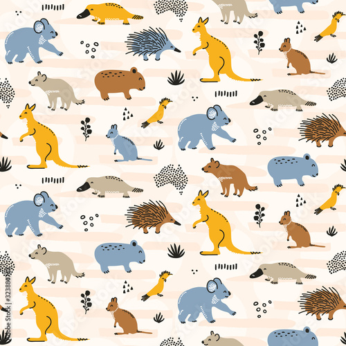 Australia wild animals seamless pattern background - cute kangaroo, koala, wombat, quokka, platypus, echidna,and tasmanian devil characters