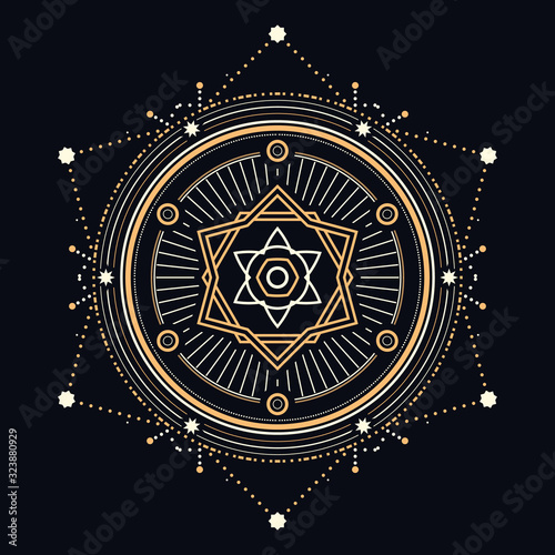 Abstract geometric illustration - Gold and white sacred or celestial elements on dark background