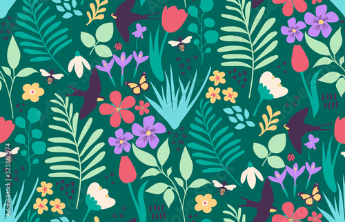 Spring flora and fauna seamless pattern design with plants, flowers, birds, and bees