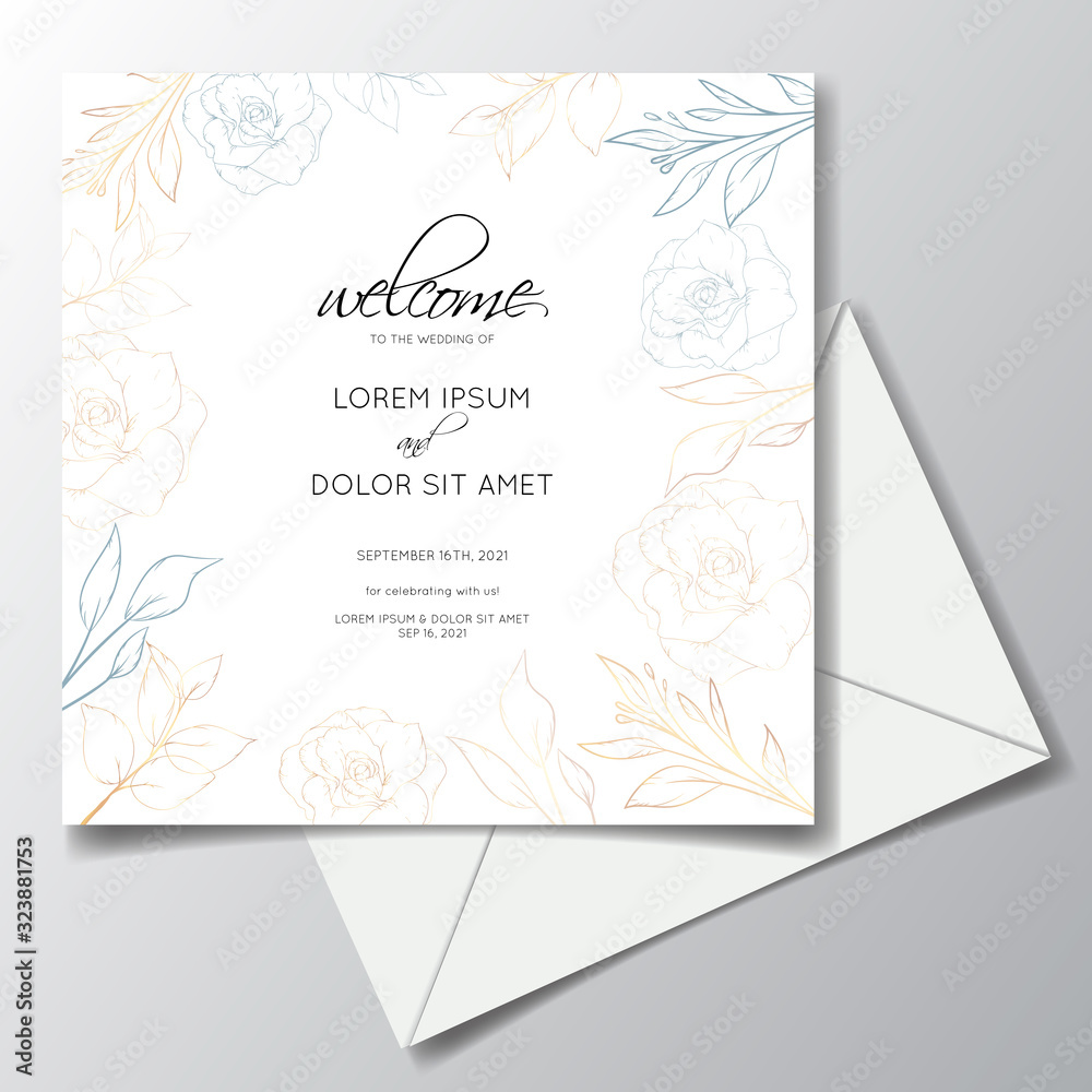 wedding invitation template design with luxury line art floral and leaves