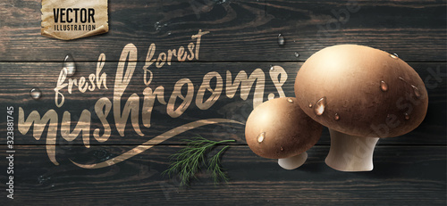 Fresh forest mushrooms on wooden table. Vector illustration