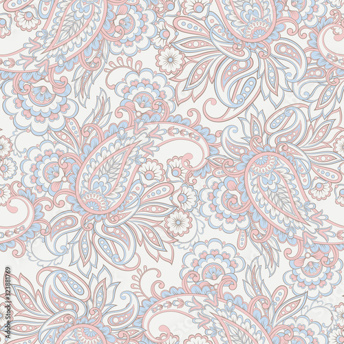 Floral vector illustration with paisley pattern. Seamless background