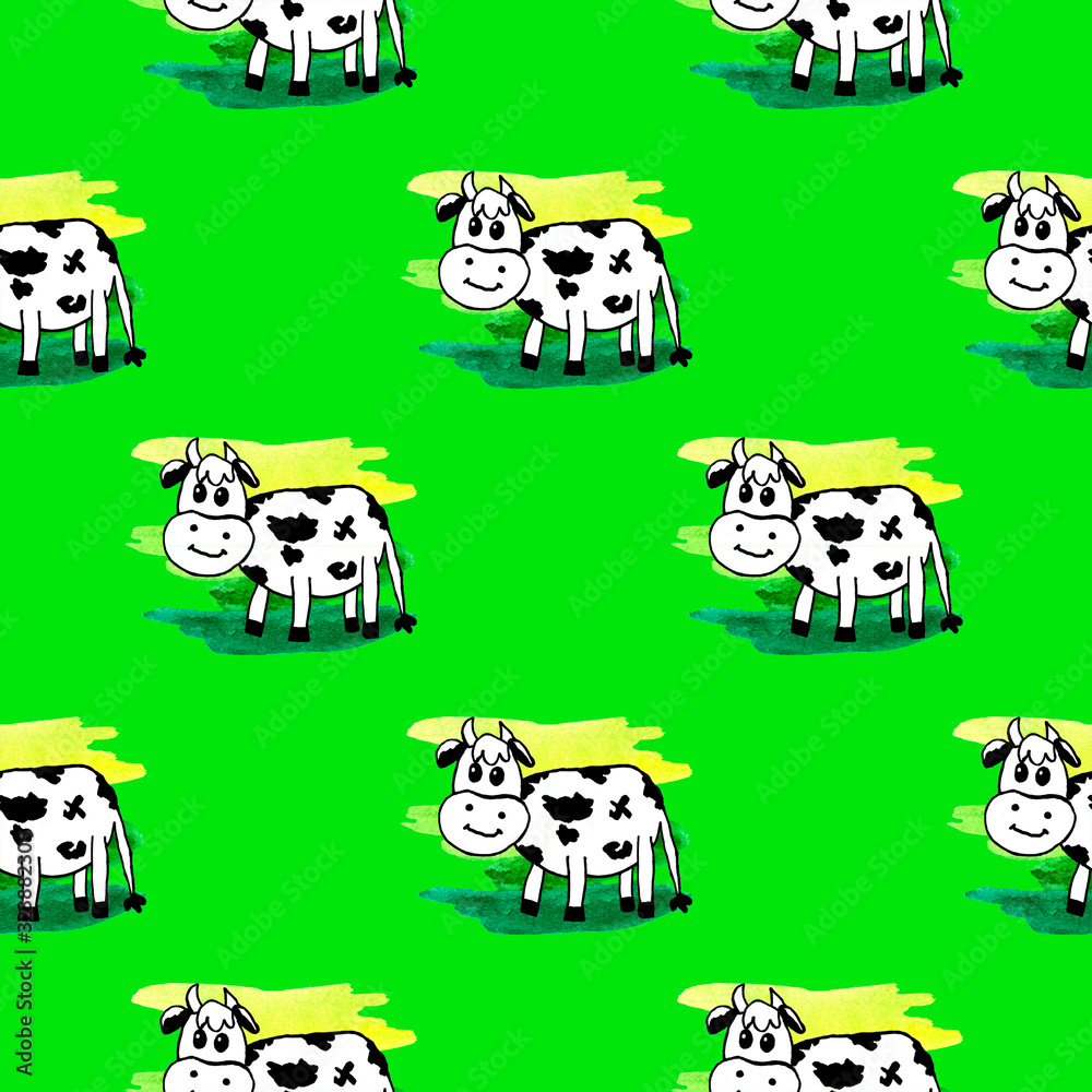 seamless pattern green background cow white black yellow