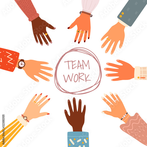 hands showing unity and teamwork, top view. 