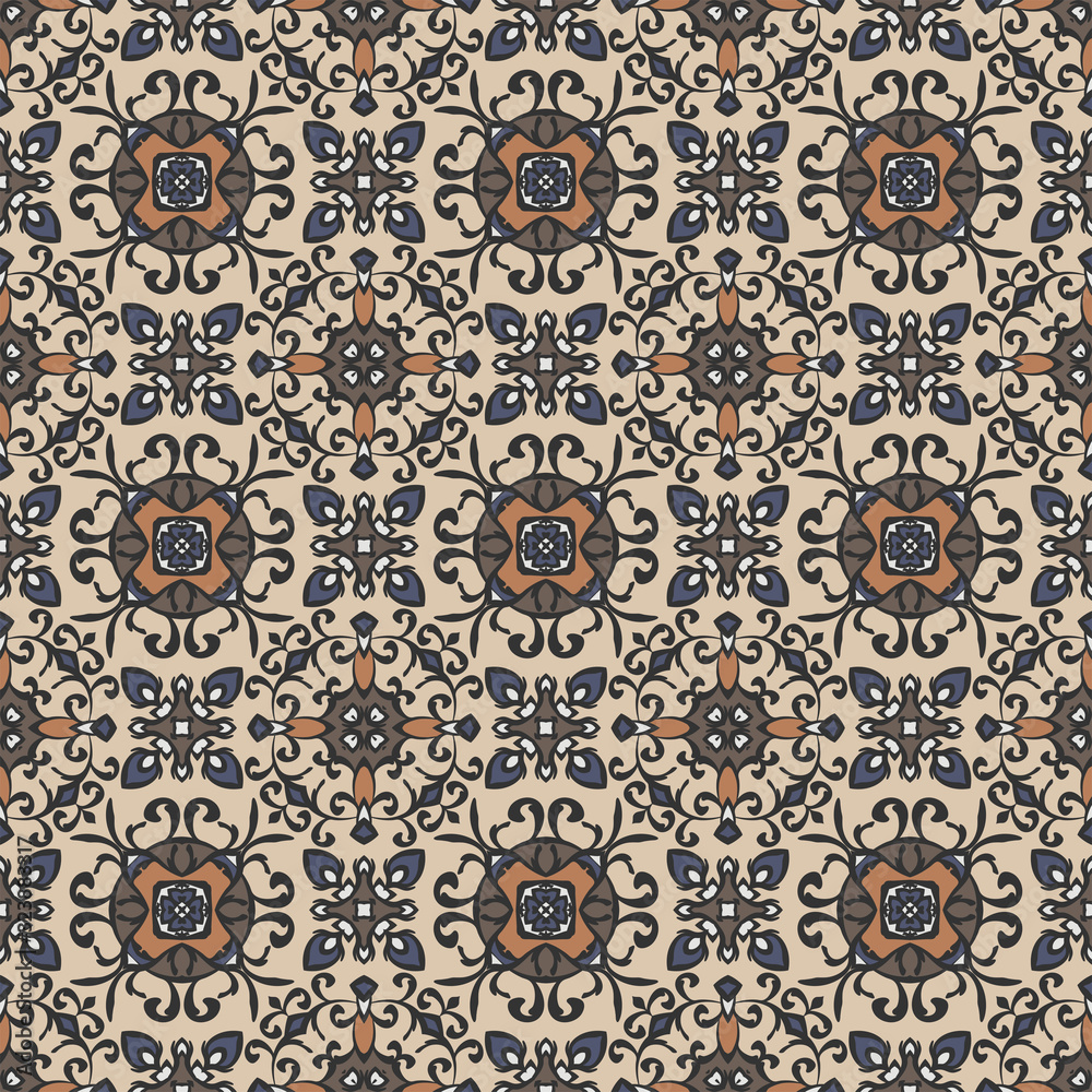 Creative color abstract geometric pattern in beige and brown, vector seamless, can be used for printing onto fabric, interior, design, textile, pillows.